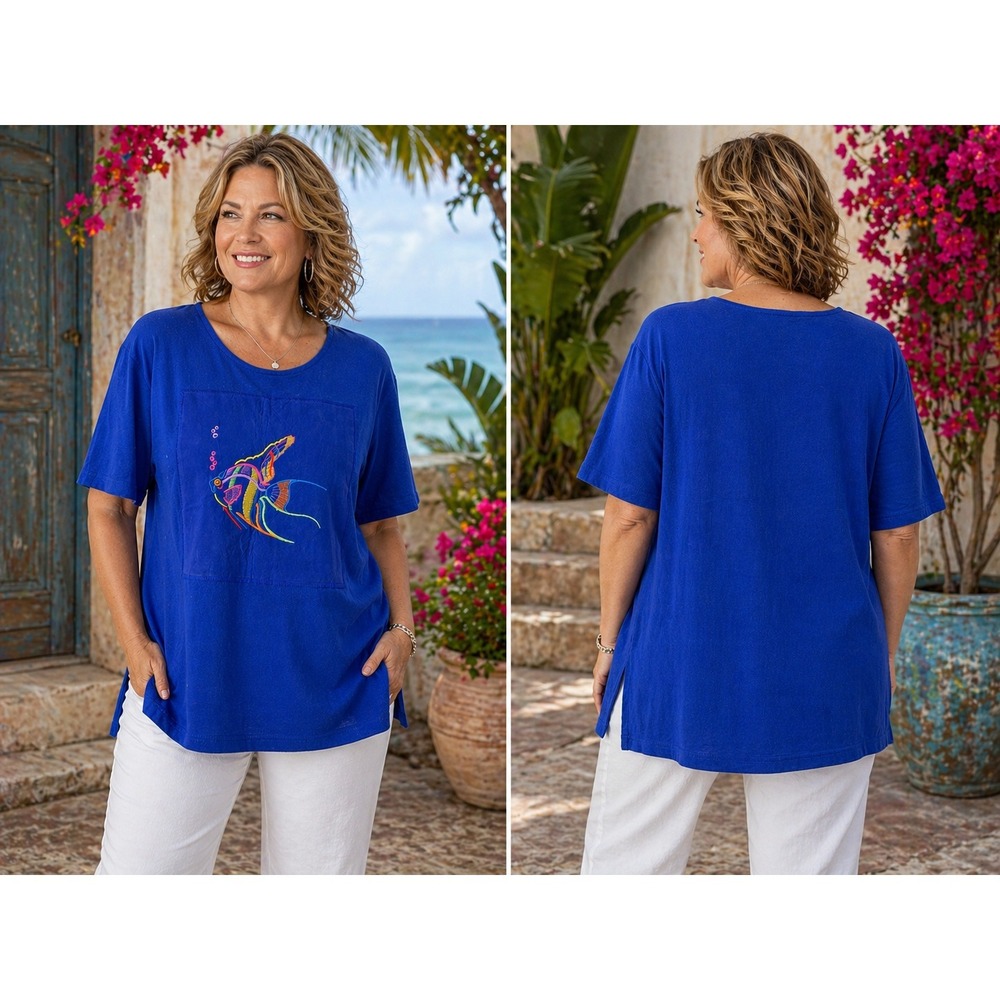 Vintage CITÉ T-Shirt Women's M Blue Cotton Embroidered Casual Travel Retro USA